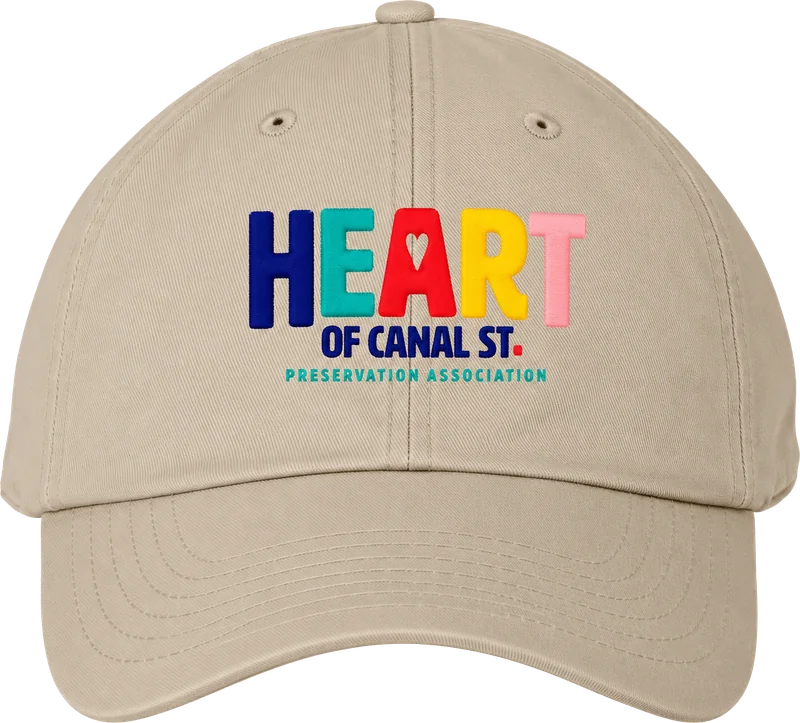 Khaki cap with the Heart of Canal St. logo embroidered in color