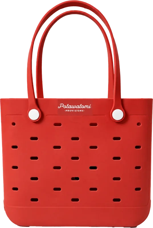 Red perforated tote with a Potawatomi Provisions label