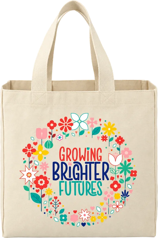 Natural canvas tote with the Growing Brighter Futures flower wreath print