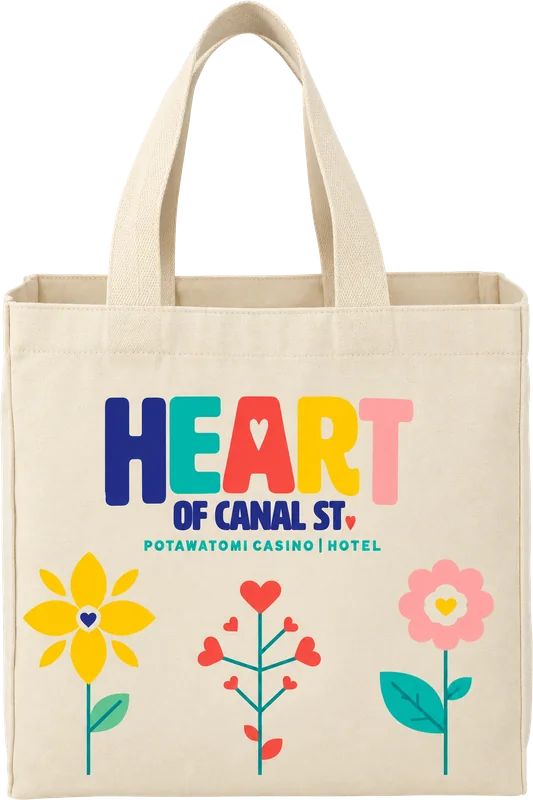 Natural canvas tote with the Heart of Canal St. logo and three flowers