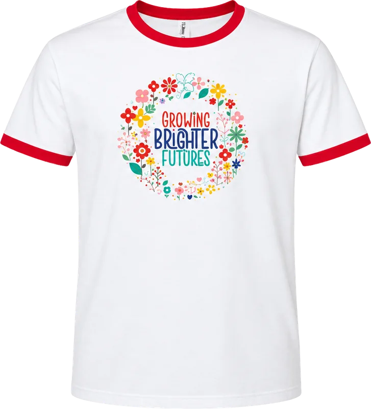 White ringer tee with red trim and a Growing Brighter Futures flower wreath print